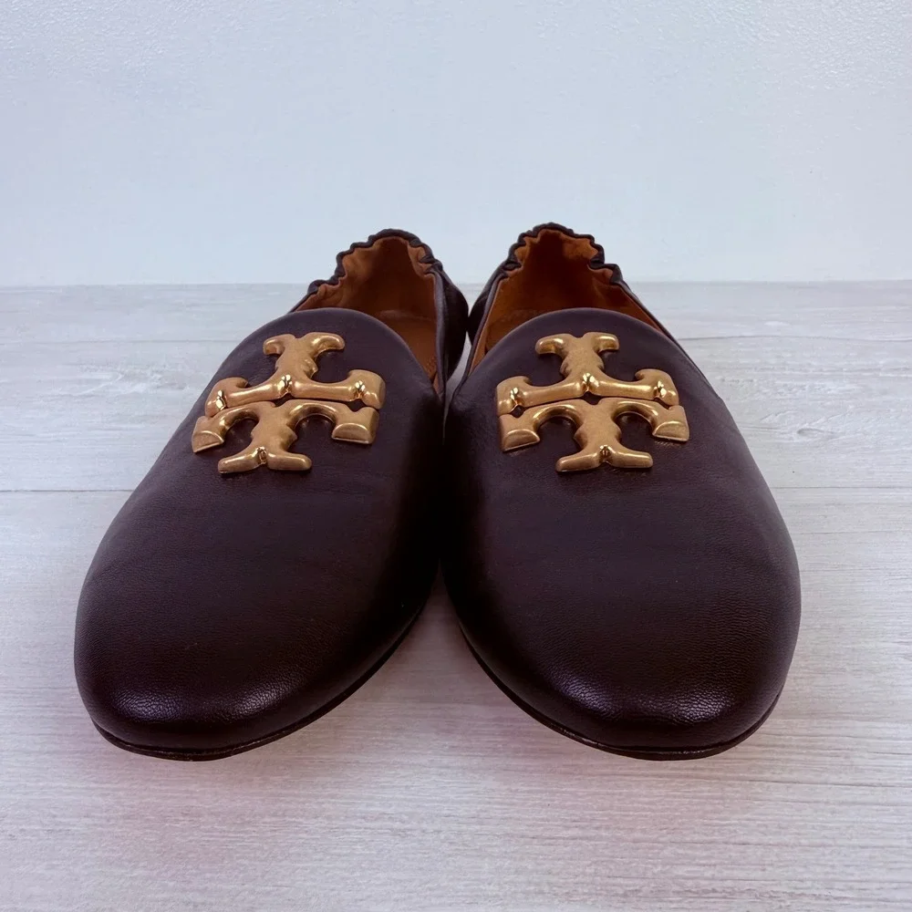 Tory Burch Eleanor Loafers Flats‎ Size 11 Black Leather Gold Logo Classic Chic